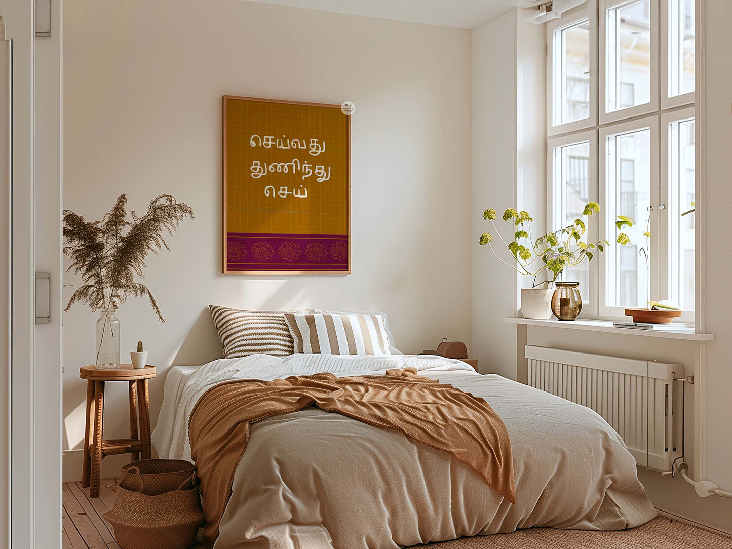 Hand illustrated Indian quote artwork with Tamil script for home or office wall decor.