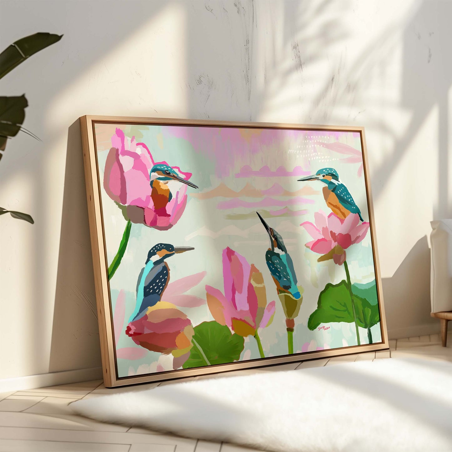 Vibrant bird wall art featuring kingfishers among lotus blossoms and green leaves on soft background