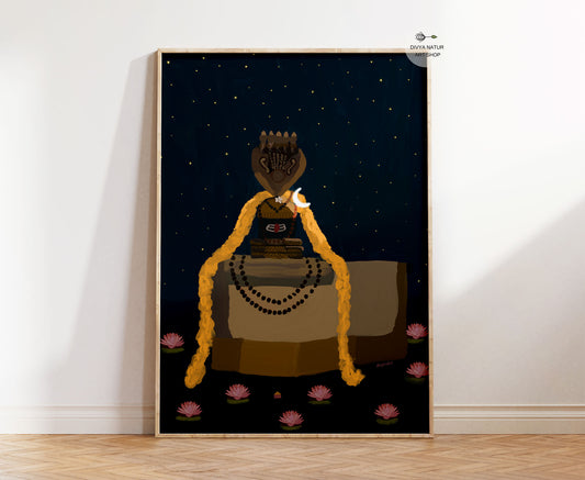 Semi abstract Shiva Lingam wall art with golden garlands under a midnight blue starry sky