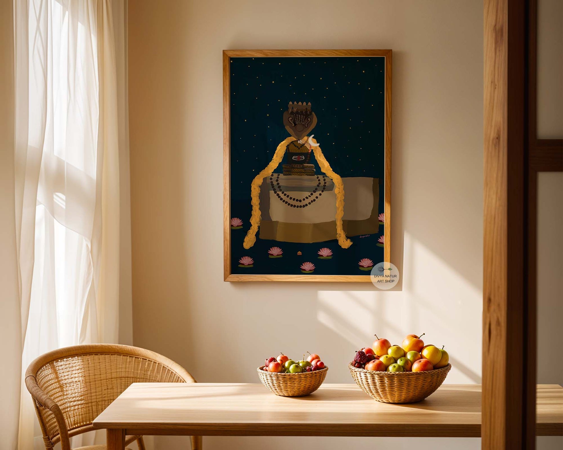 Indian spiritual painting featuring Shiva Lingam with lotus flowers and rudraksha beads