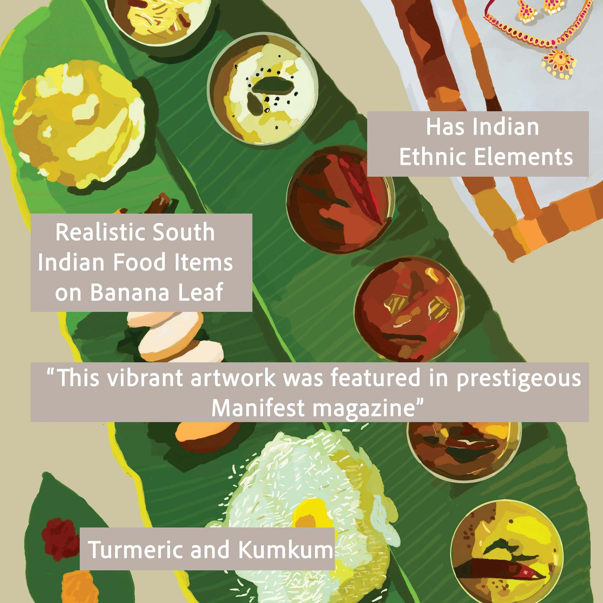 Artistic depiction of South Indian food items on a banana leaf with text indicating ethnic elements and magazine reference.