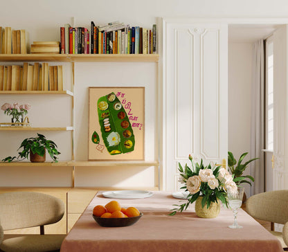 Indian kitchen wall art featuring vibrant banana leaf wedding meal