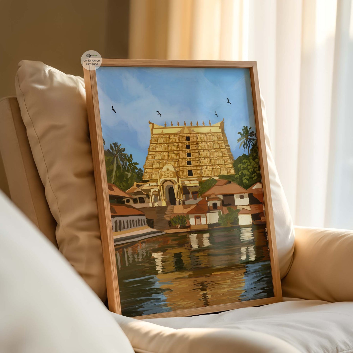 South Indian temple painting with golden gopuram reflected in calm temple waters