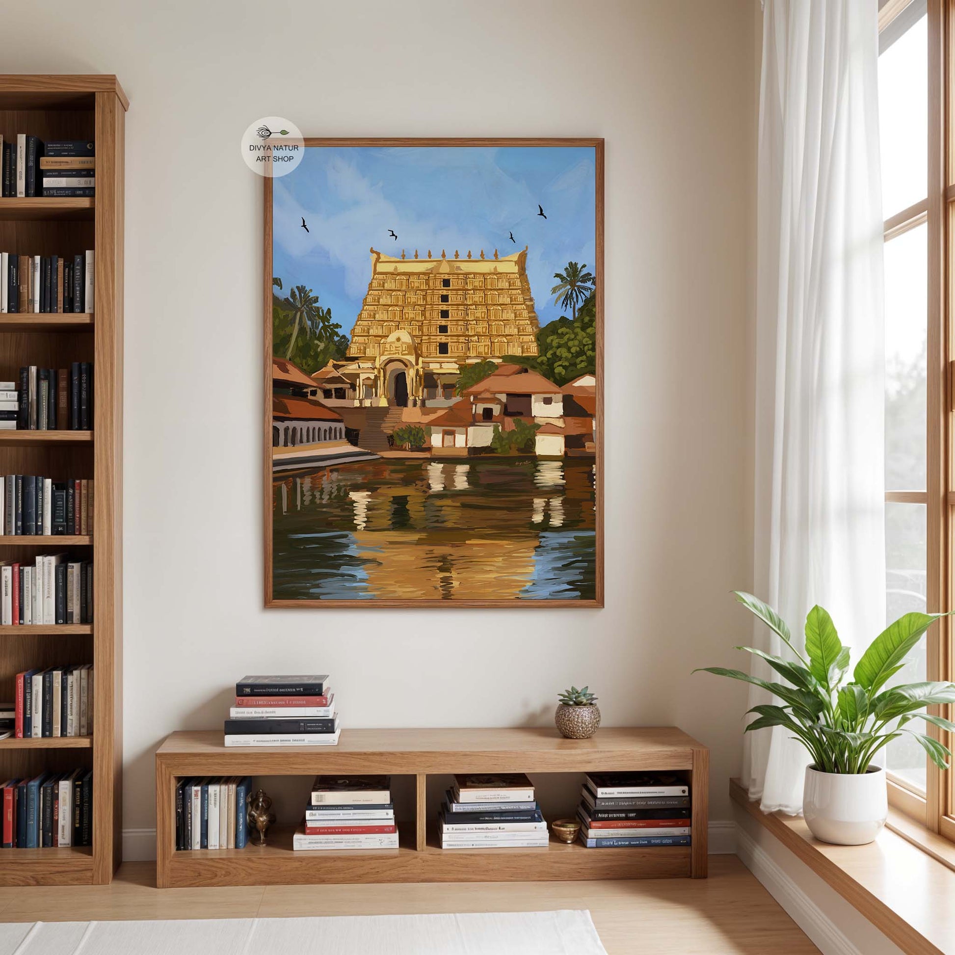 Kerala temple wall art featuring traditional South Indian architecture in painterly style