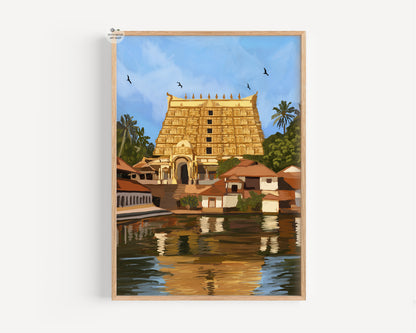 Hand illustrated Sree Padmanabhaswamy Temple fine art print with reflective waters and blue sky