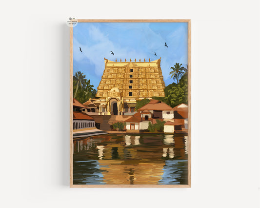 Hand illustrated Sree Padmanabhaswamy Temple fine art print with reflective waters and blue sky