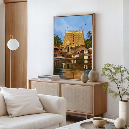 Indian cultural wall art with warm earthy tones and reflective temple landscape scenery