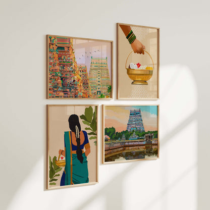 Four framed South Indian temple art prints arranged in a grid featuring Srirangam gopuram, Chidambaram temple at sunset, a Tamil woman in blue saree with jasmine braid, and a brass puja basket with flowers