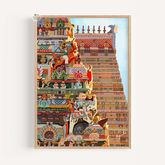 Hand-illustrated Srirangam Temple gopuram fine art print with vibrant detailing
