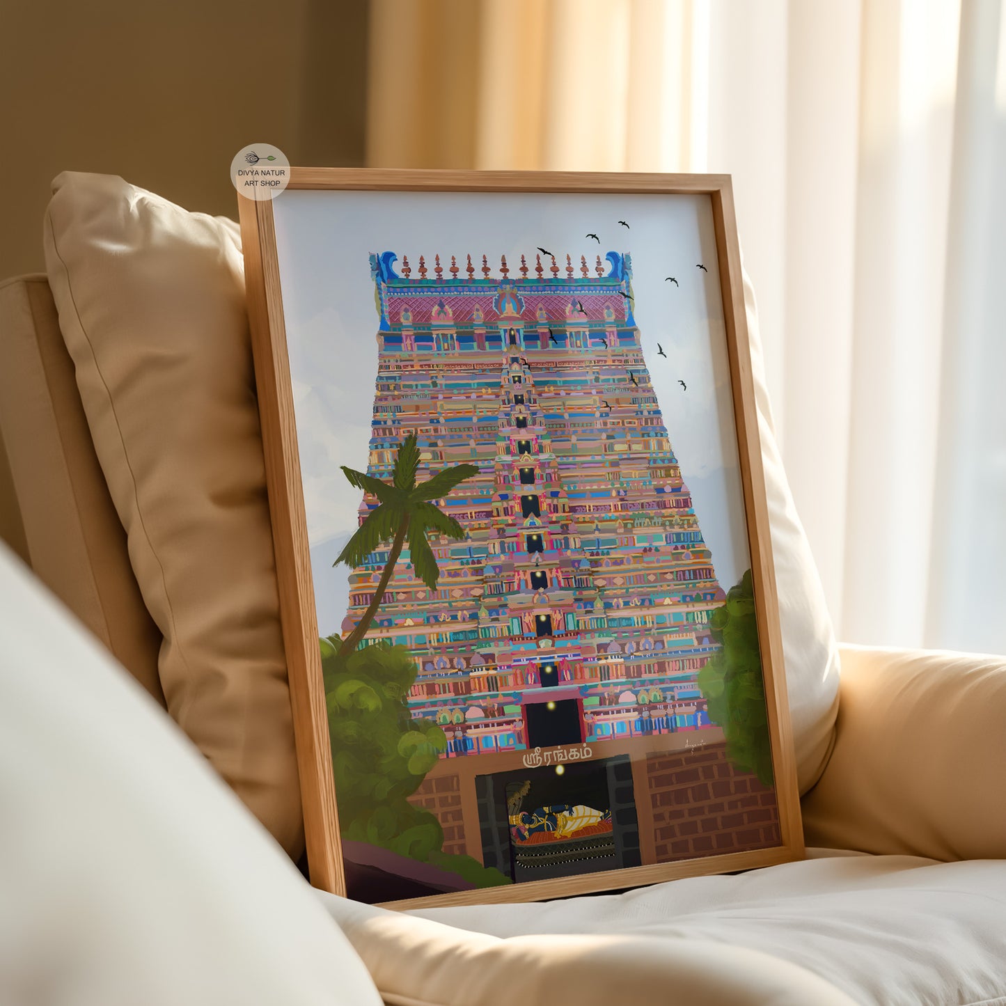 Hand illustrated Hindu temple art showing Srirangam architecture and divine Ranganathar sanctum