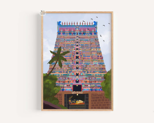 Tamil heritage wall art featuring Srirangam Temple tower with birds palm tree and sanctum below