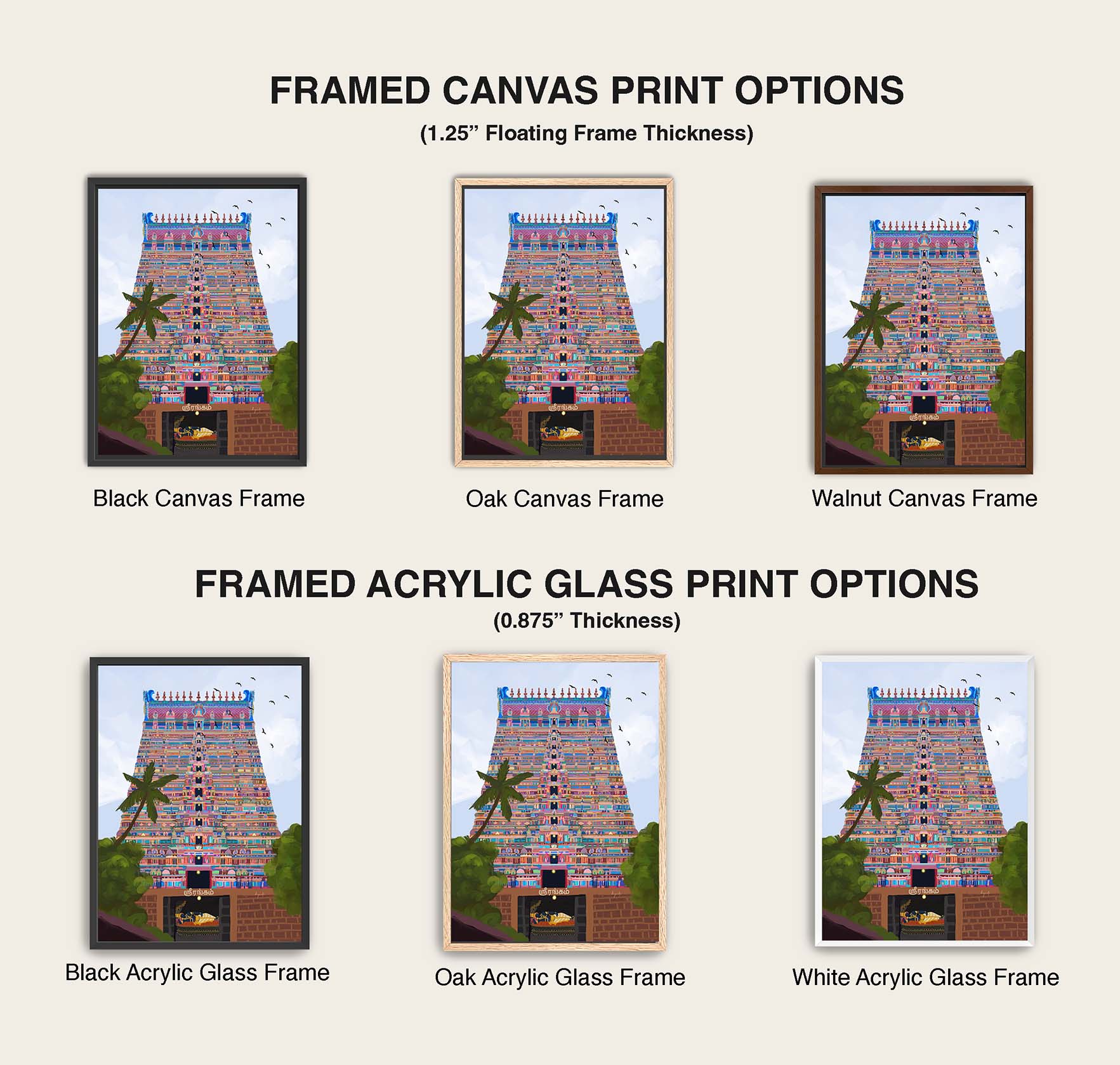 South Indian temple artwork of Srirangam featuring detailed gopuram and sanctum with Ranganathar