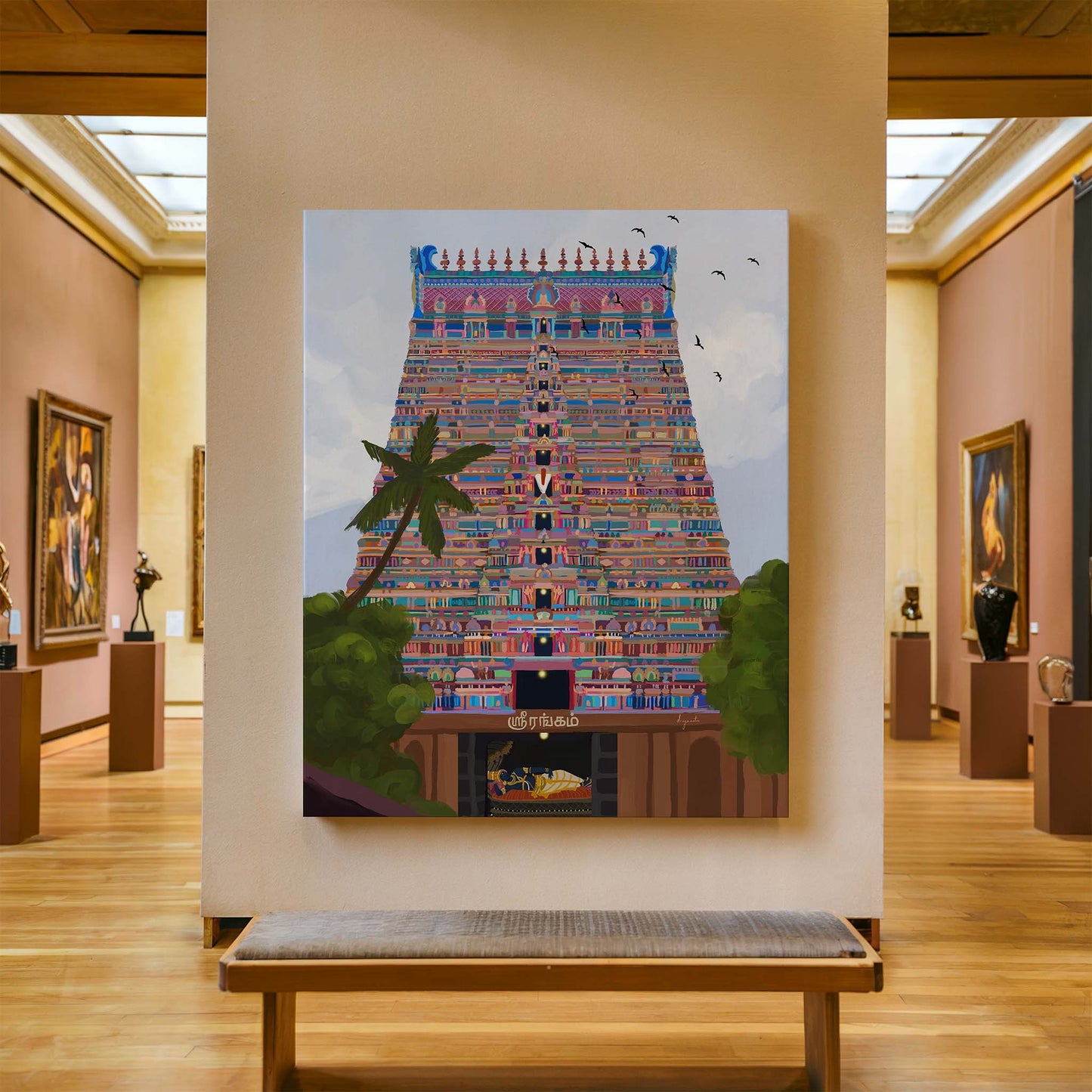 South Indian temple wall decor of Srirangam featuring vibrant tower and deity inside