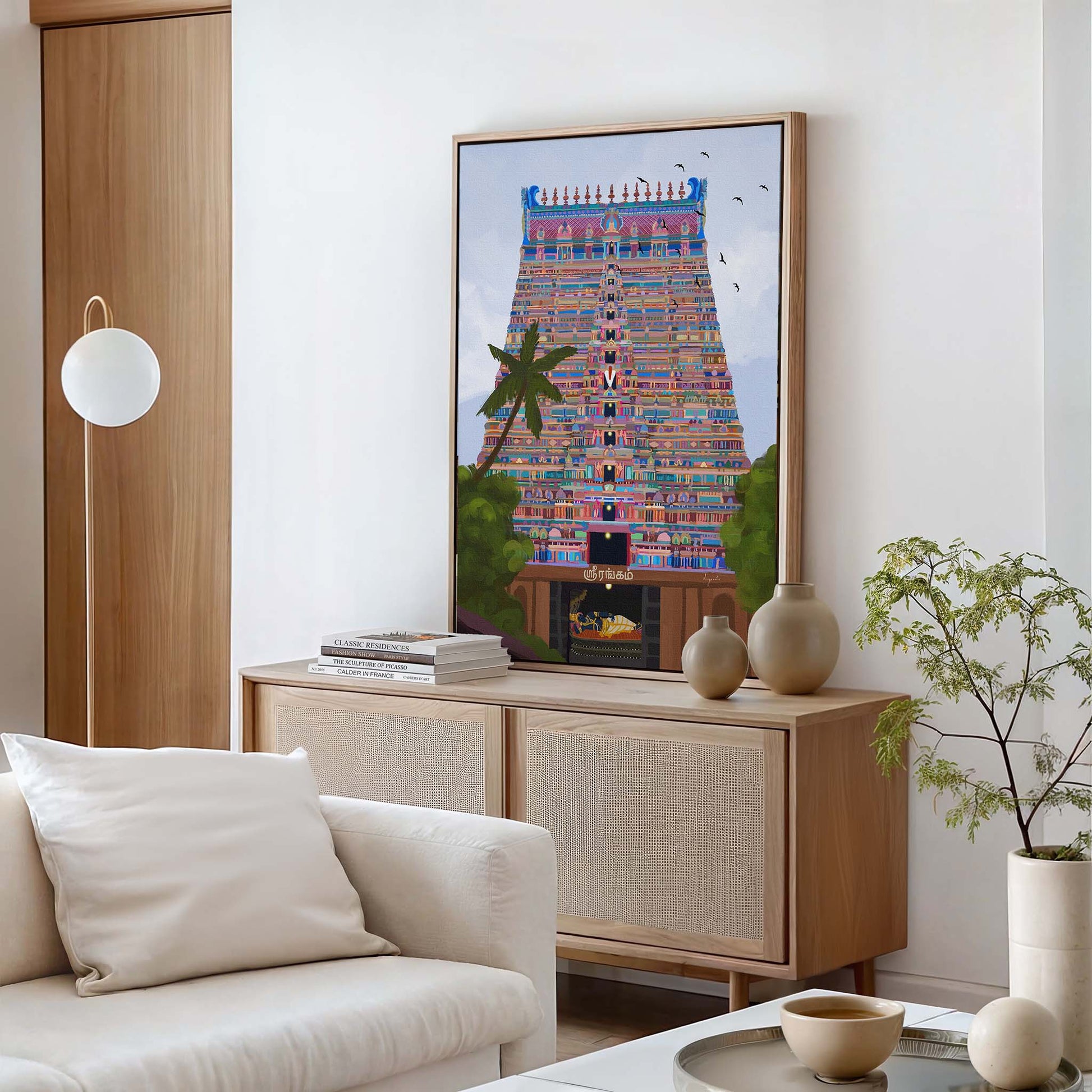 Framed Srirangam temple artwork with detailed gopuram and Ranganathar in sanctum