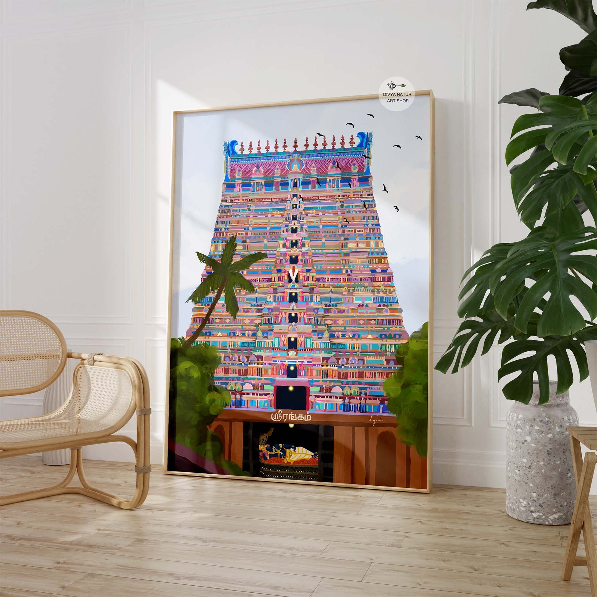 Devotional Srirangam wall art showing iconic gopuram and Lord Ranganathar below