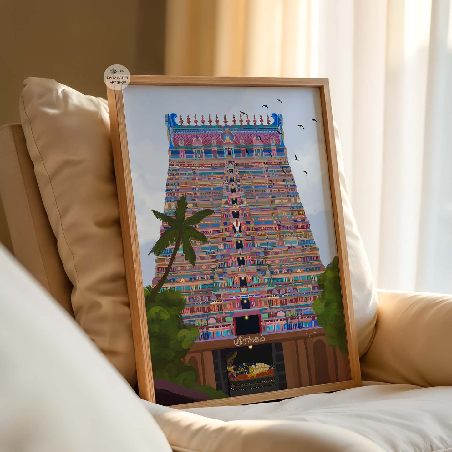 Cultural Tamil art print of Srirangam temple with colorful architecture and sanctum