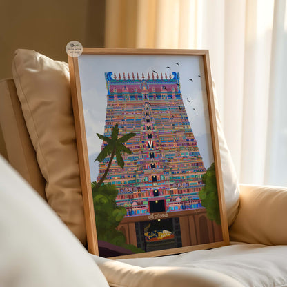 Cultural Tamil art print of Srirangam temple with colorful architecture and sanctum