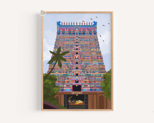 Hand illustrated Srirangam temple art showing Ranganathar in sannidhanam with vibrant gopuram