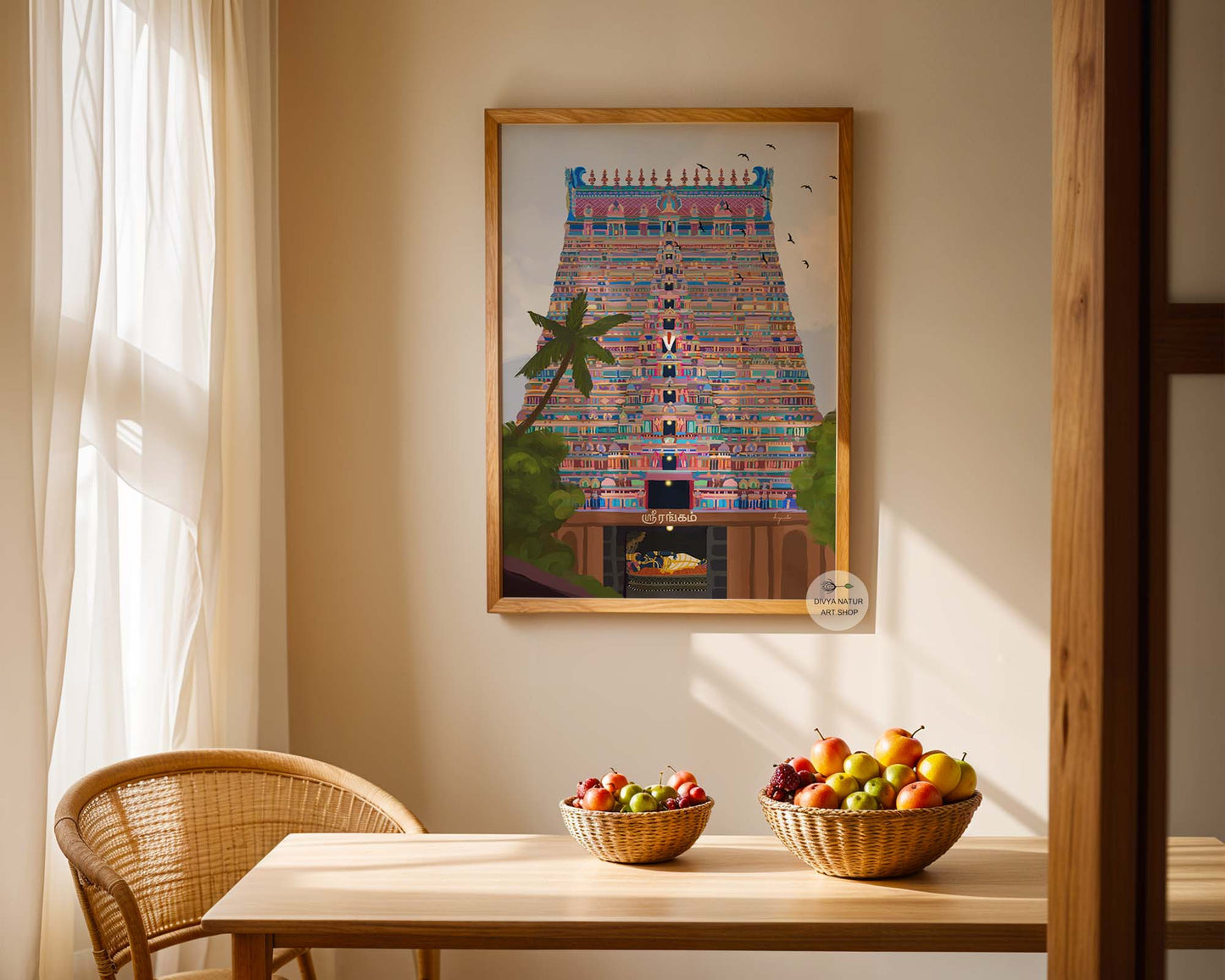Hand illustrated Ranganathar temple art capturing Srirangam gopuram and inner deity