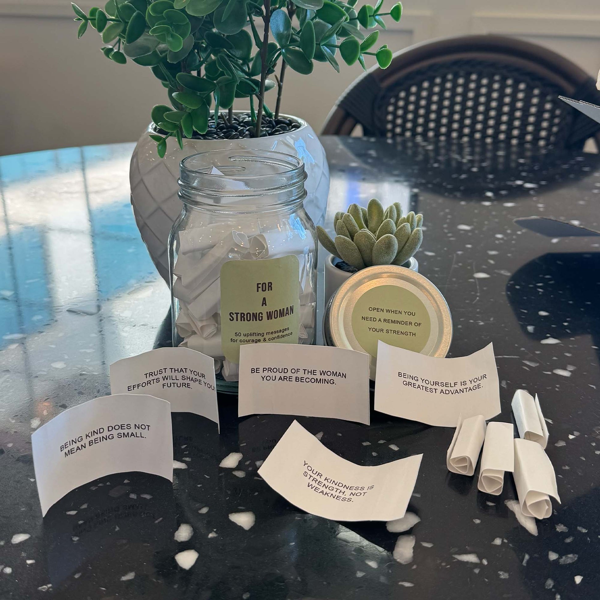 Motivational affirmation jar designed to encourage strength and self belief