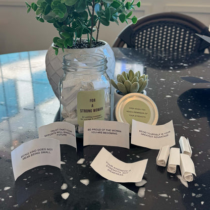 Motivational affirmation jar designed to encourage strength and self belief