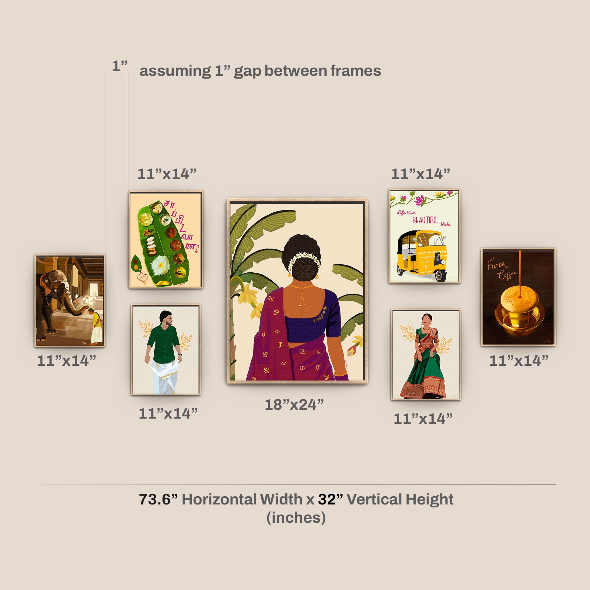 Tamil cultural wall art gallery set of 7 framed prints featuring a woman in a silk saree with Tamil script, banana leaf sapaddu, filter coffee, auto rickshaw, temple elephant and traditional Indian figures, arranged as a gallery wall spanning 73 inches wide