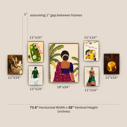 Tamil cultural wall art gallery set of 7 framed prints featuring a woman in a silk saree with Tamil script, banana leaf sapaddu, filter coffee, auto rickshaw, temple elephant and traditional Indian figures, arranged as a gallery wall spanning 73 inches wide