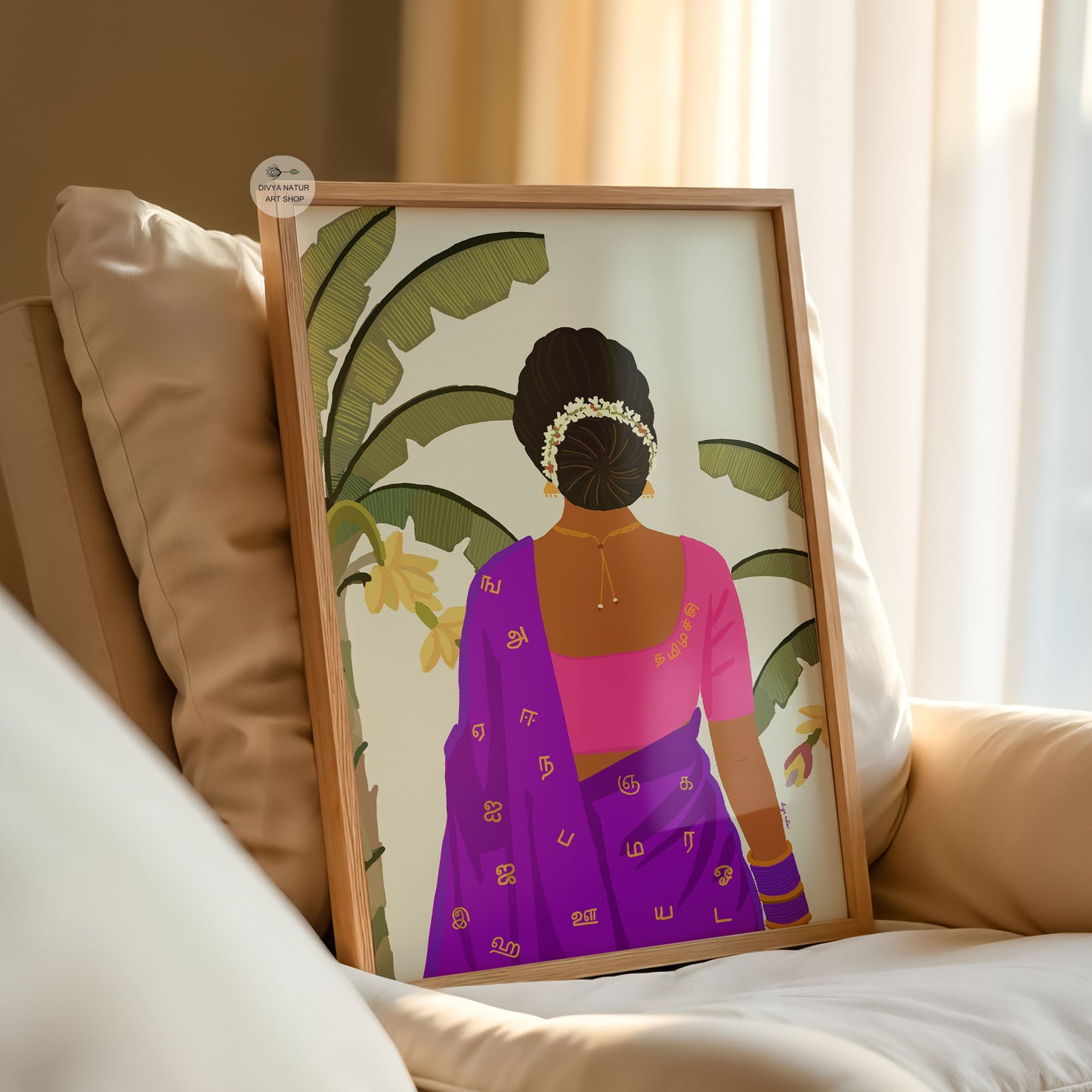 Traditional Tamil Nadu artwork with banana tree background.