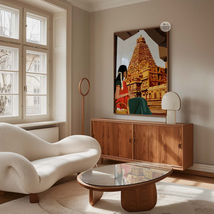 Hand illustrated Tanjavur Big Temple inspired wall art with warm earthy architecture tones