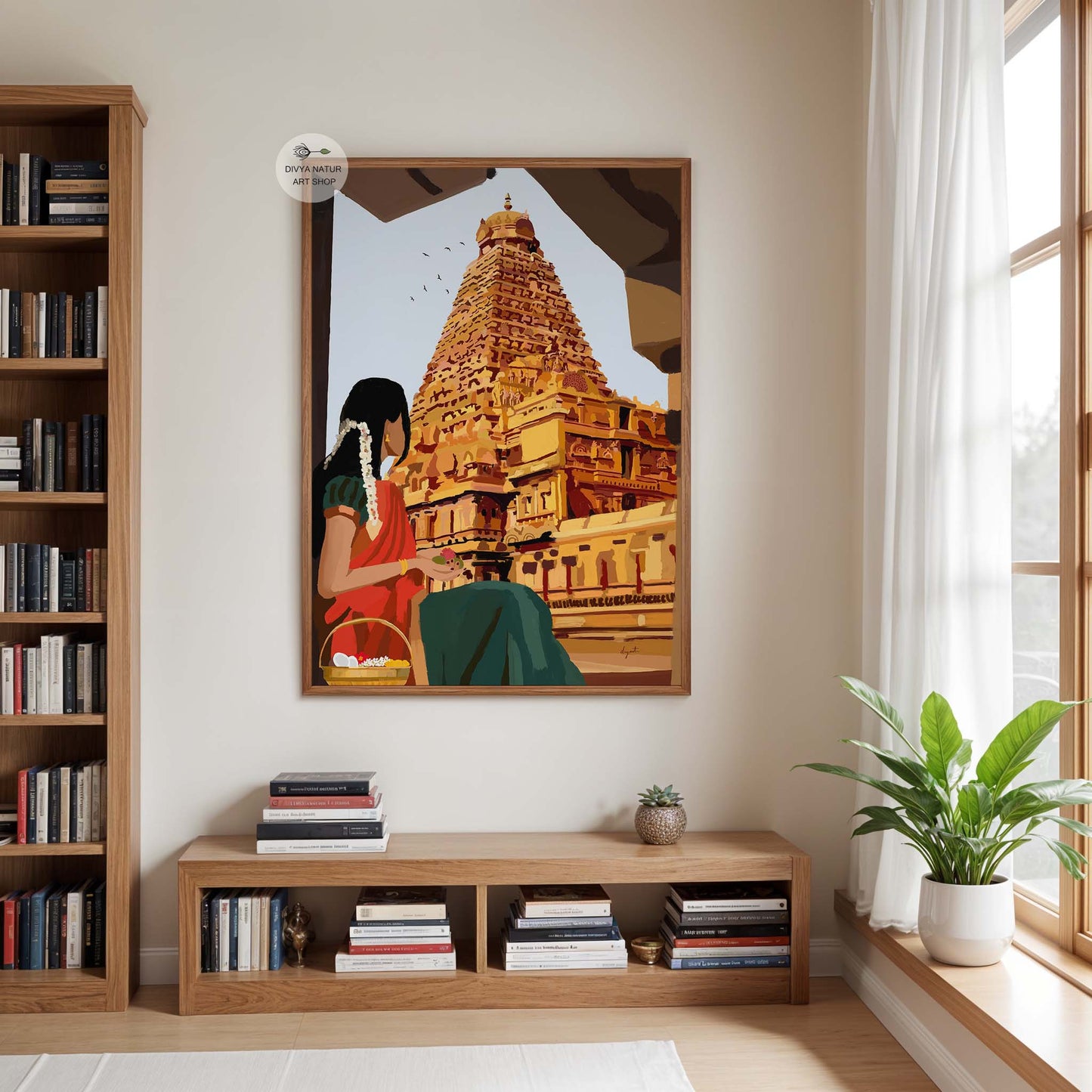 South Indian temple art print with traditional woman sitting and witnessing a tall gopuram