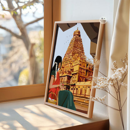 Indian woman temple scene artwork showing devotion, calmness, and cultural heritage