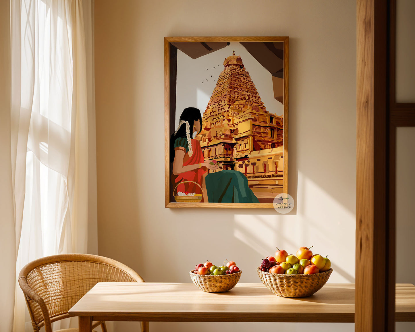 Brihadeeswarar Temple inspired art print with birds above the temple tower