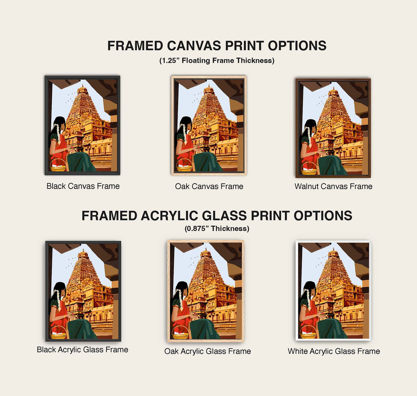 South Indian heritage wall decor featuring saree-clad woman and ancient temple architecture