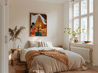 Traditional saree illustration in front of temple tower inspired by Tanjavur Big Temple