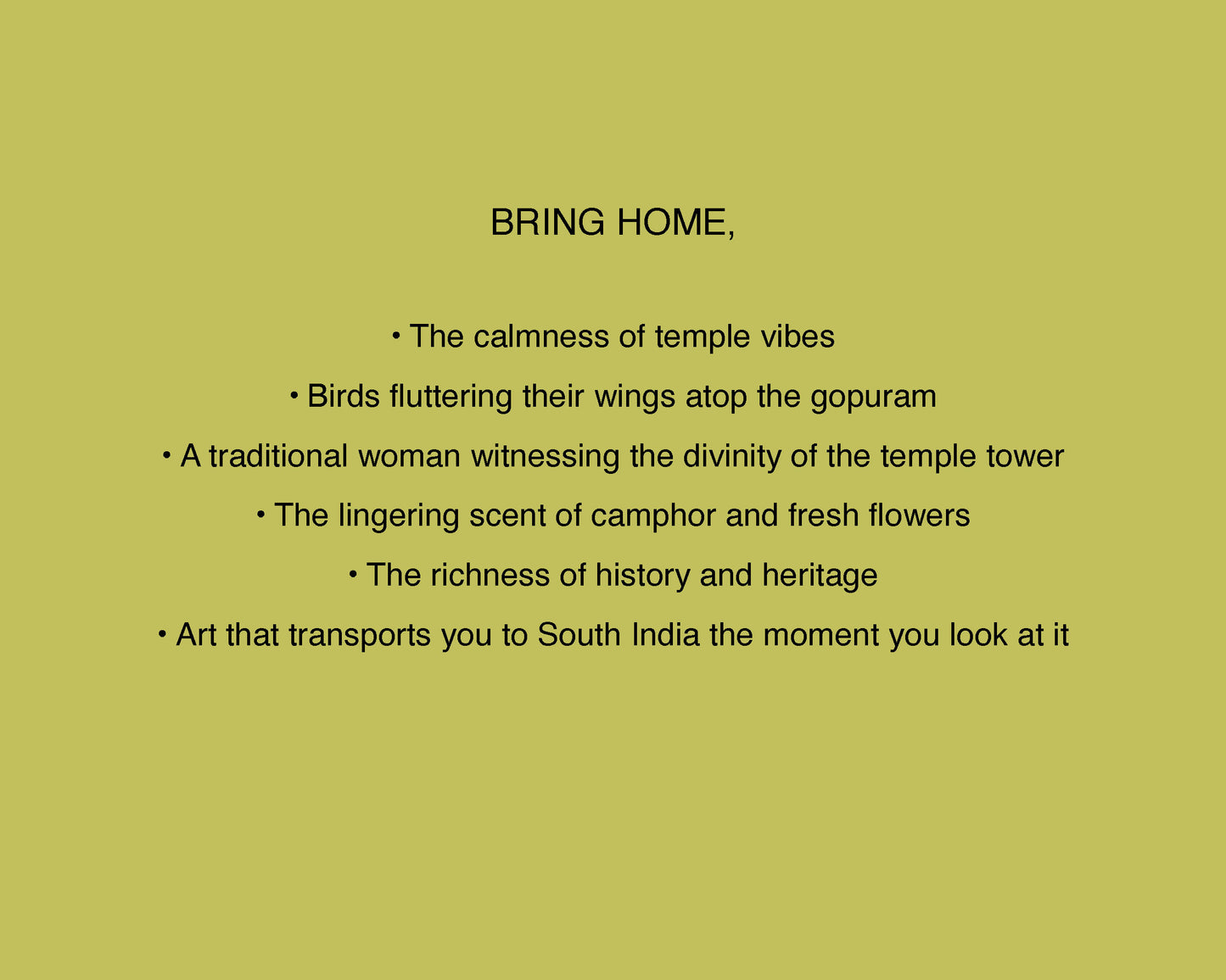 Text on a green background describing the experience of Buying a temple art at Divya Natur.