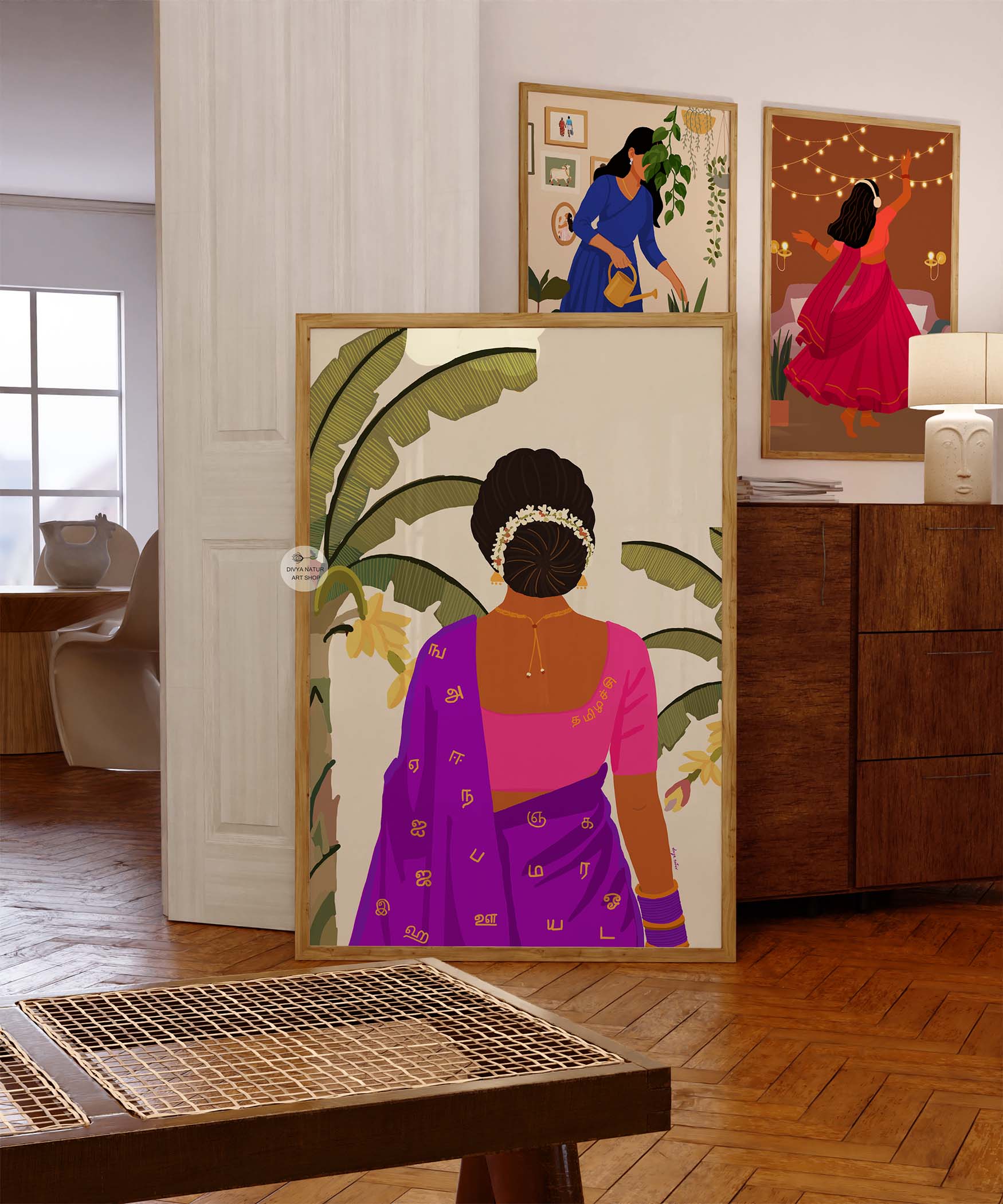 Tamil alphabet wall art featuring saree design and festive theme.