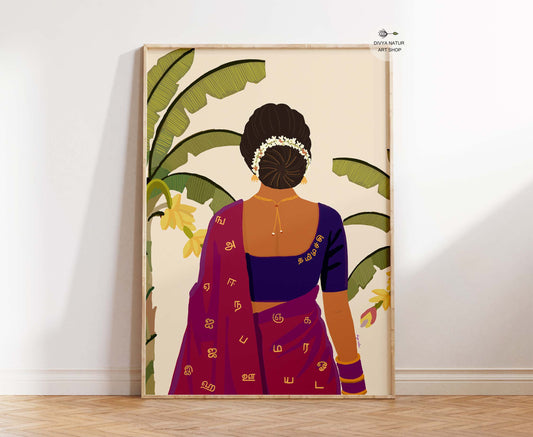 Hand illustrated Tamil woman wall art with saree featuring Tamil letters