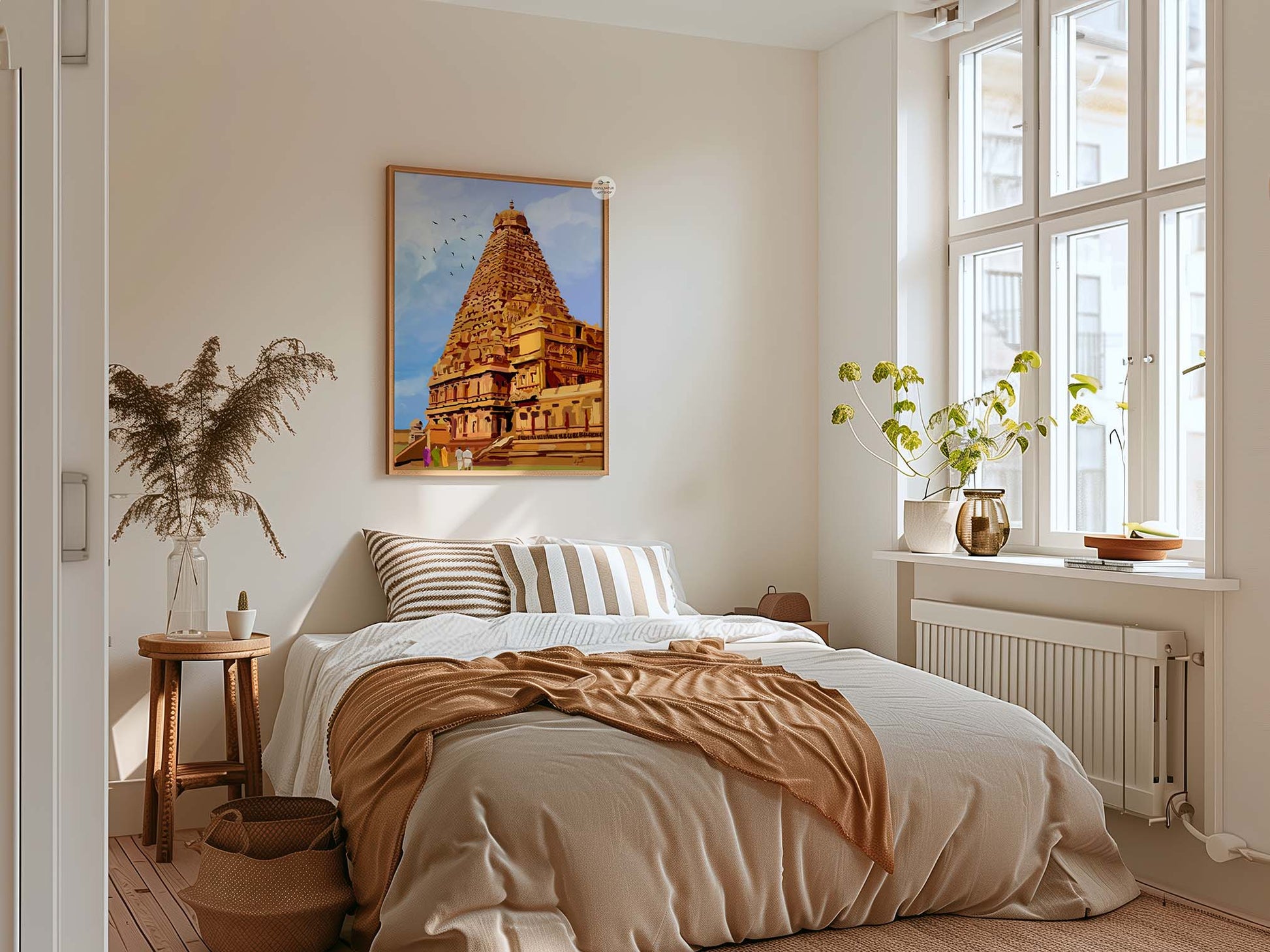 Hand illustrated Tanjavur Big Temple wall art showing the Brihadeeswarar Temple gopuram