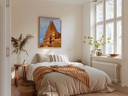 Hand illustrated Tanjavur Big Temple wall art showing the Brihadeeswarar Temple gopuram