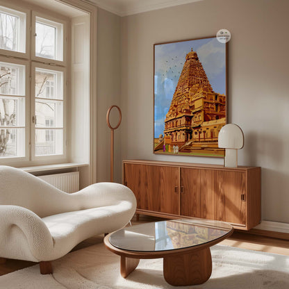 Indian heritage wall decor featuring the iconic Tanjavur Big Temple against blue sky