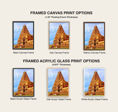 Brihadeeswarar Temple artwork with warm earthy tones and birds flying above the gopuram