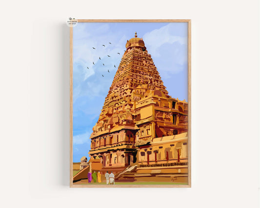Framed artwork of a Tanjavur temple with people and birds on a blue sky background