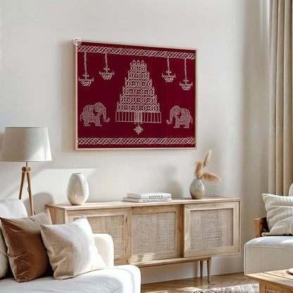 Maroon wall art of South Indian kolam temple with elephants and borders