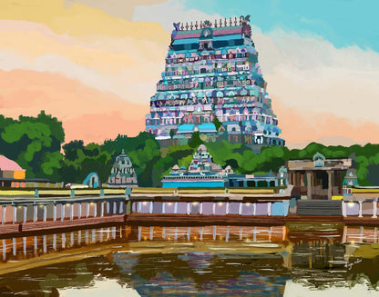 Hand-painted temple scene with golden reflections and twilight pastel hues
