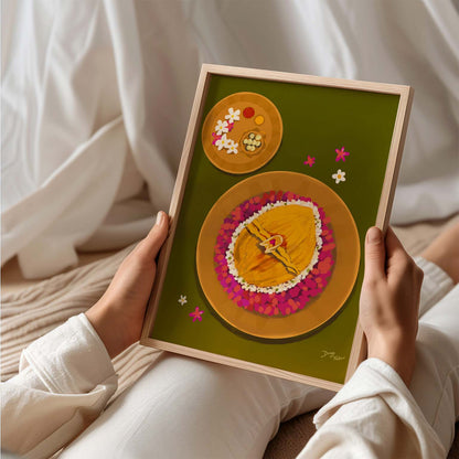 Unique Indian food art painting with a focus on thali settings, perfect for newlyweds.