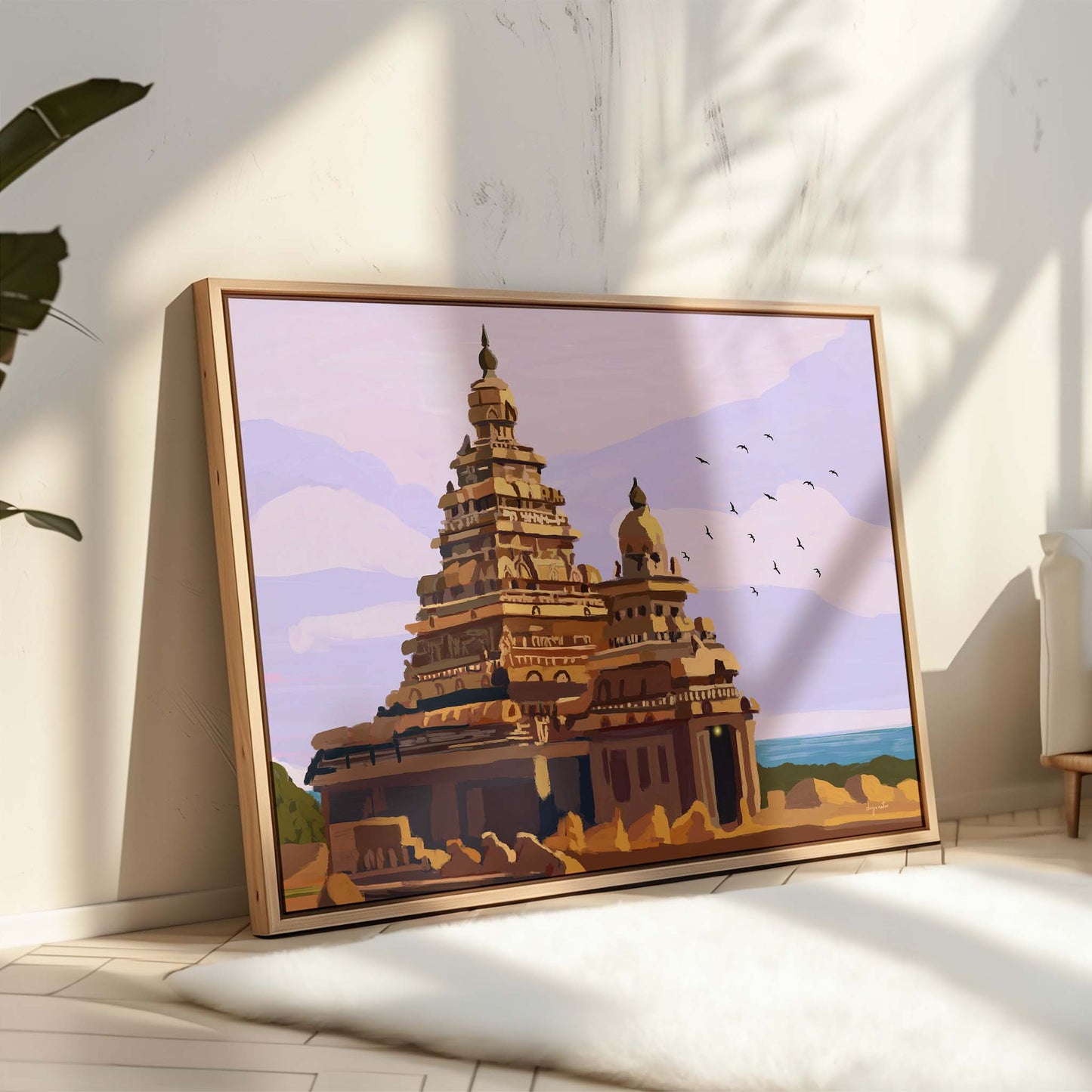 Coastal Indian architecture art print depicting the historic Shore Temple at Mahabalipuram.