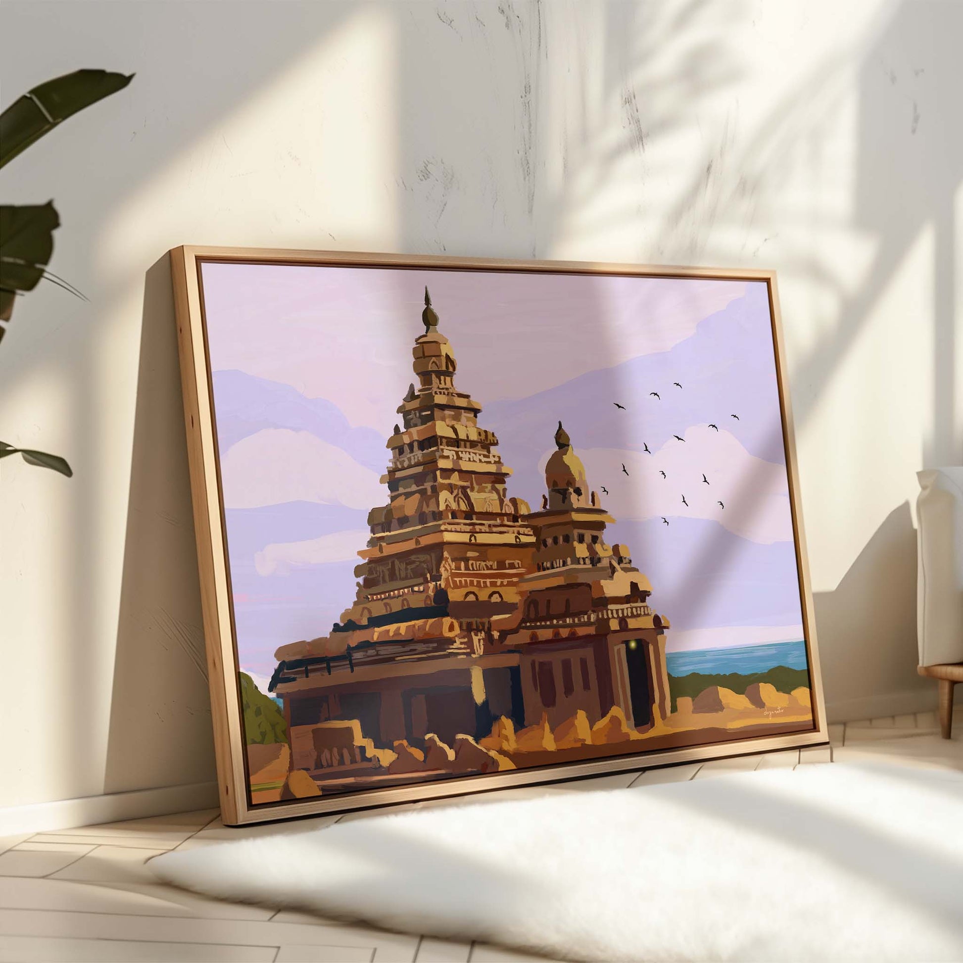 Coastal Indian architecture art print depicting the historic Shore Temple at Mahabalipuram.