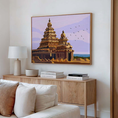 South Indian temple wall decor with painterly details and calming lavender sky background.
