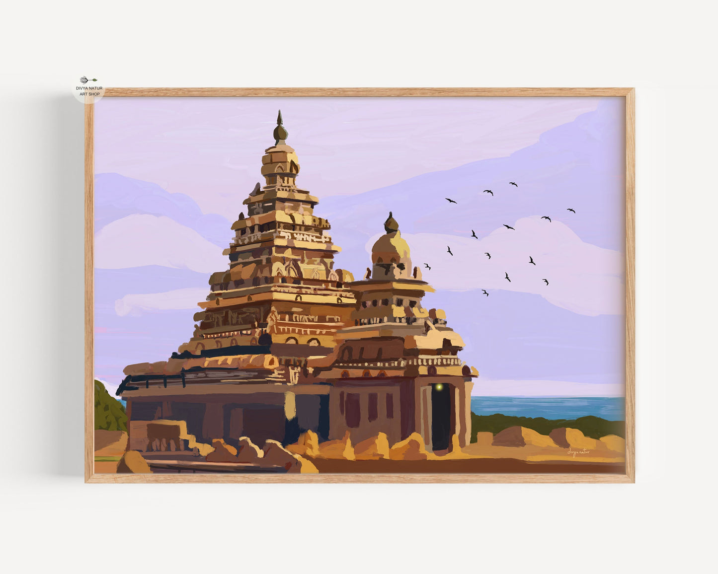 Hand illustrated Shore Temple Mahabalipuram fine art print with soft coastal sky and historic Tamil architecture