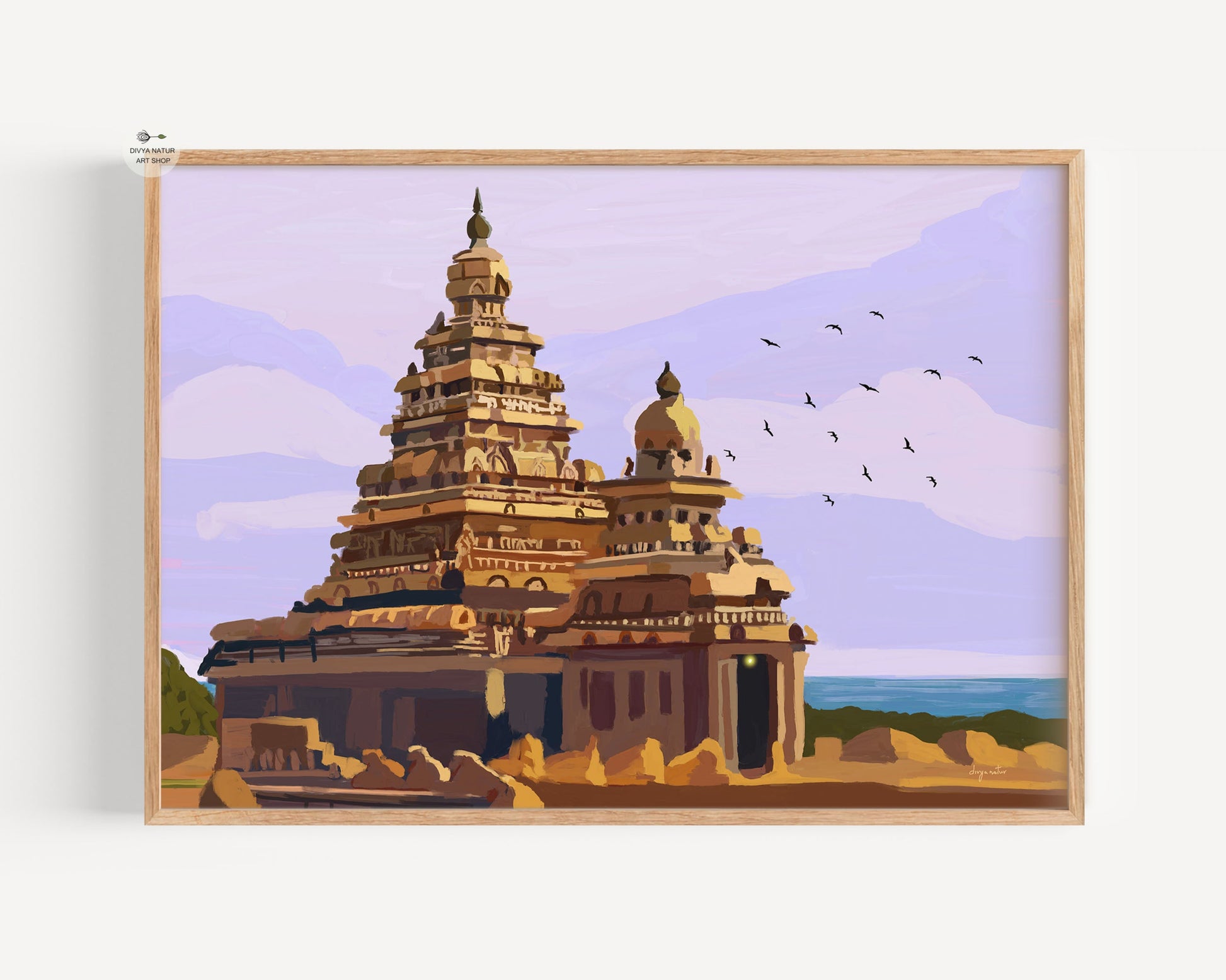 Hand illustrated Shore Temple Mahabalipuram fine art print with soft coastal sky and historic Tamil architecture